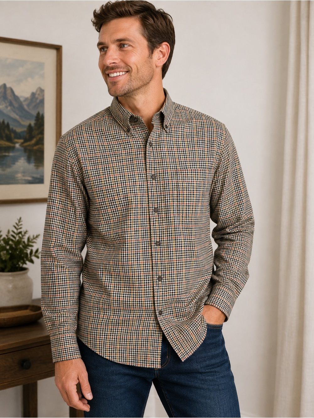 Viyella Men’s Traditional Fit Wool Blend Plaid Button Front Shirt Made in Canada